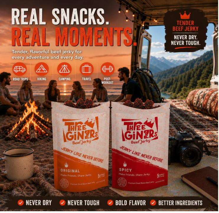 Three Gingers Beef Jerky Sampler, Original & Spicy 2-Pack