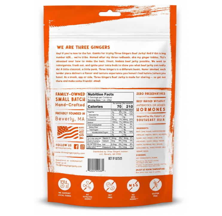 Three Gingers Beef Jerky Sampler, Original & Spicy 2-Pack