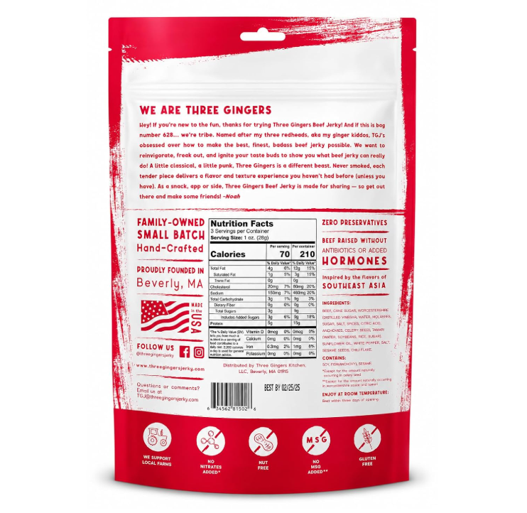 Three Gingers Beef Jerky Sampler, Original & Spicy 2-Pack